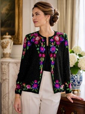 Vintage Laurence Kazar Silk Beaded & Sequined Floral Black Jacket, Size PXL